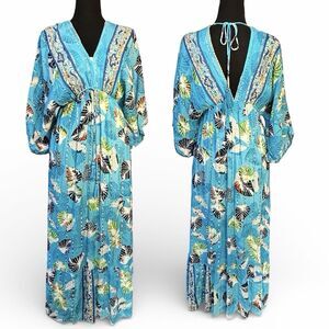 Botanical Maxi Kaftan Dress Blue Tropical Glitter Deep V Kimono Caftan